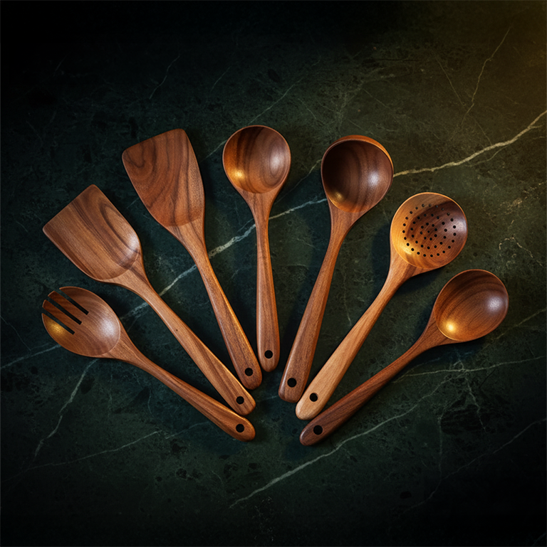 7 piece Teak wood cooking spoons set.